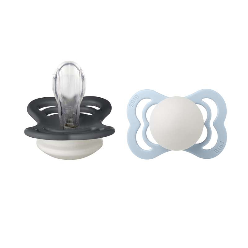 BIBS Symmetrisk Supreme Sut - 2-Pak - Str. 1 - Silikone - GLOW - Iron/Baby Blue