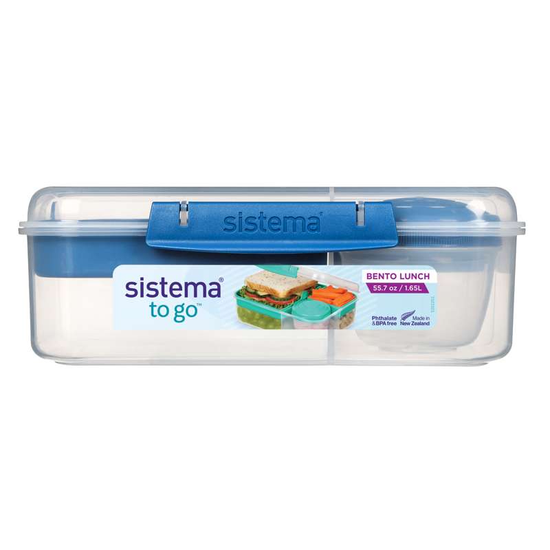Sistema Bento Madkasse - Ruminddelt med Bæger - 1,65L - Klar/Ocean Blue