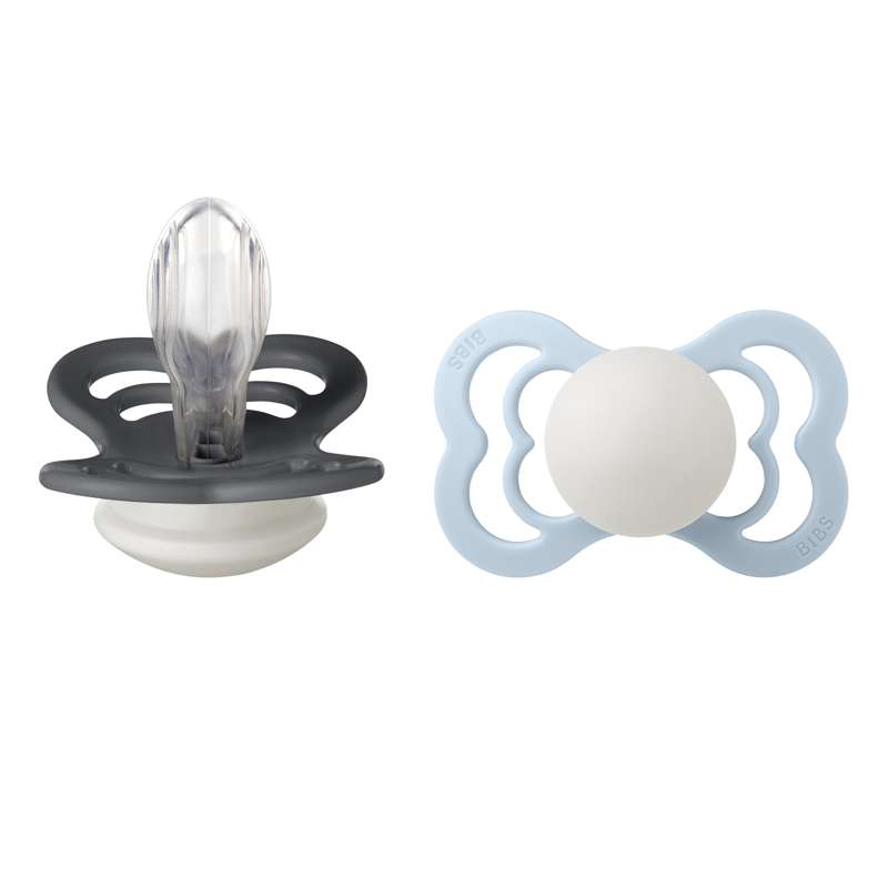 BIBS Symmetrisk Supreme Sut - 2-Pak - Str. 2 - Silikone - GLOW - Iron/Baby Blue