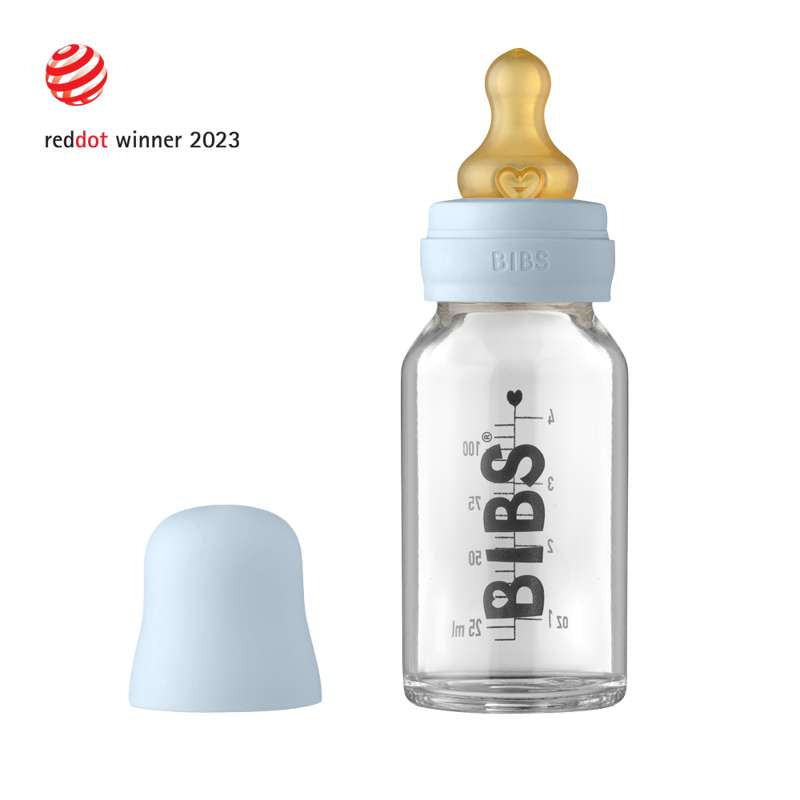 BIBS Bottle - Sutteflaskesæt - Glas - Latex/Rund - 110 ml. - Baby Blue
