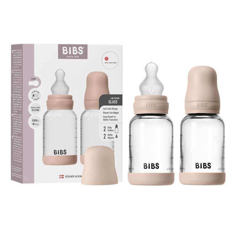 BIBS Bottle - Sutteflaskesæt - Glas - 2-pak - Silikone/Slow Flow/Rund - 120ml - Blush