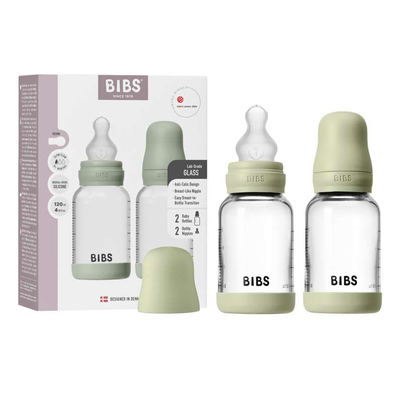 BIBS Bottle - Sutteflaskesæt - Glas - 2-pak - Silikone/Slow Flow/Rund - 120ml - Sage