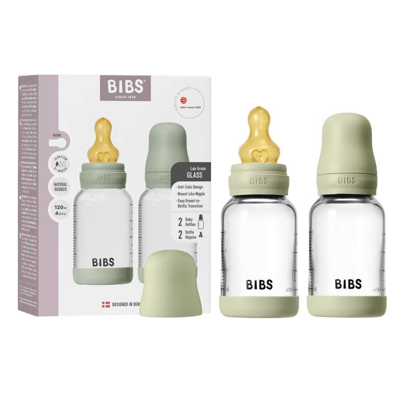 BIBS Bottle - Sutteflaskesæt - Glas - 2-pak - Naturgummi/Slow Flow/Rund - 120ml - Sage