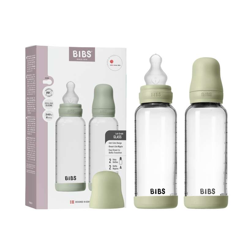 BIBS Bottle - Sutteflaskesæt - Glas - 2-pak - Silikone/Slow Flow/Rund - 240ml - Sage