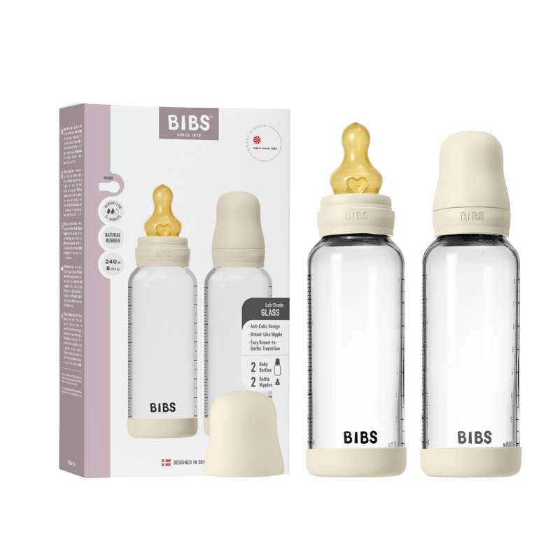 BIBS Bottle - Sutteflaskesæt - Glas - 2-pak - Naturgummi/Slow Flow/Rund - 240ml - Ivory