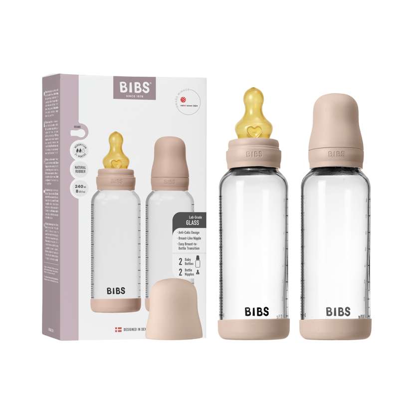 BIBS Bottle - Sutteflaskesæt - Glas - 2-pak - Naturgummi/Slow Flow/Rund - 240ml - Blush