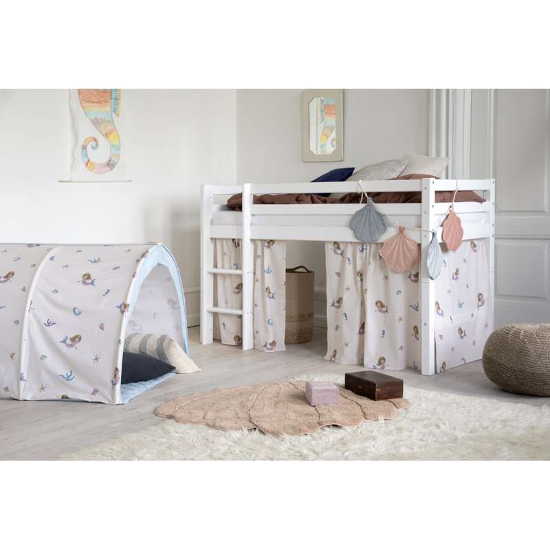 Hoppekids ECO Dream - Halvhøj Seng m. MERMAID Forhæng og Madras - 70x160 cm. - Delbar - Hvid