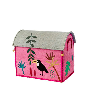 RICE Raffia Opbevaringshus - Jungle Animals - Pink - Lille