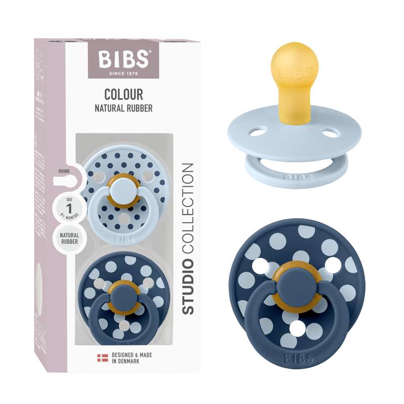 BIBS Rund Colour Sut - 2-Pak - Str. 1 - Naturgummi - Polka Studio - Baby Blue/Steel Blue