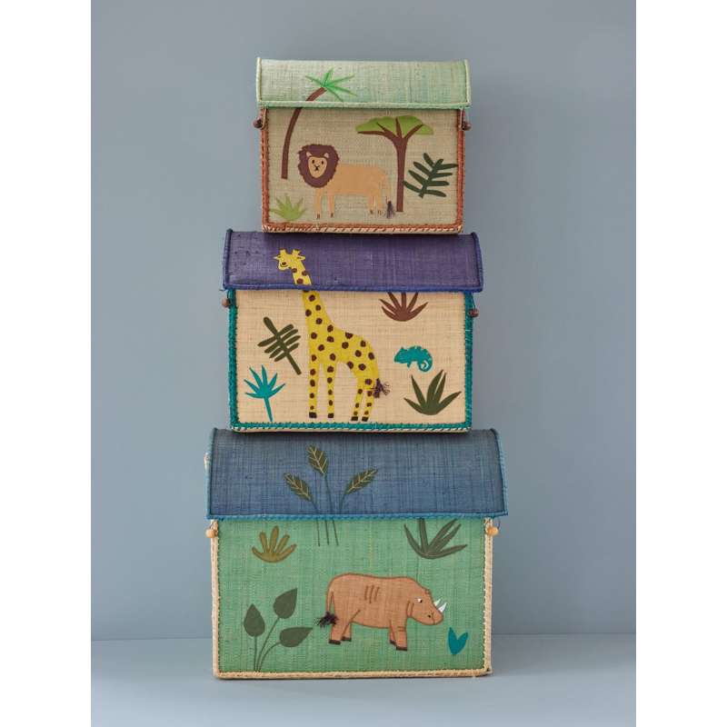 RICE Raffia Opbevaringshus - Jungle Animals - Grøn - Stor