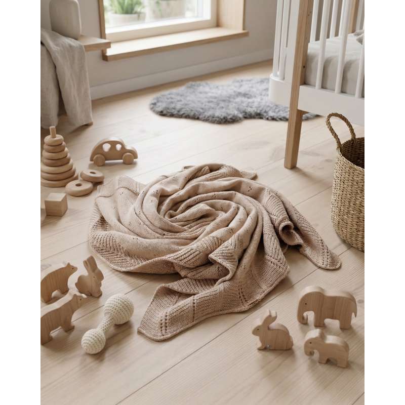 Oh'Naturel Strikket Babytæppe - Økologisk Bomuld - 80x100 cm. - Sand
