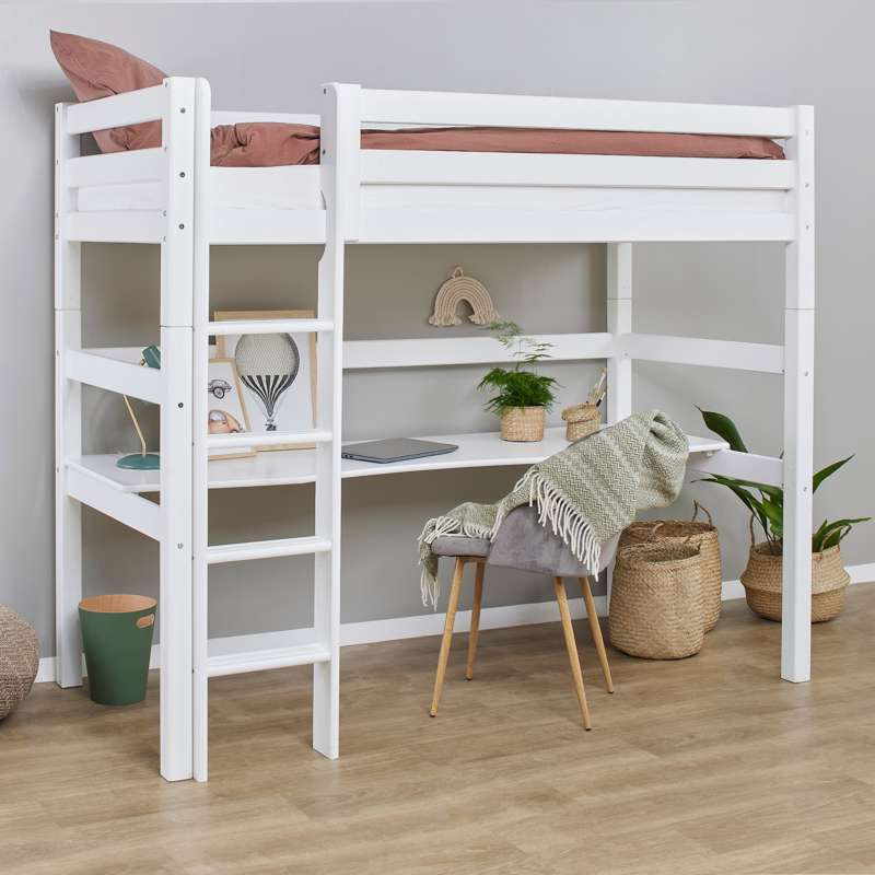 Hoppekids ECO Luxury - Højseng m. Bordplade - 90x200 cm. - Fleksibel Indlægsbund - Hvid