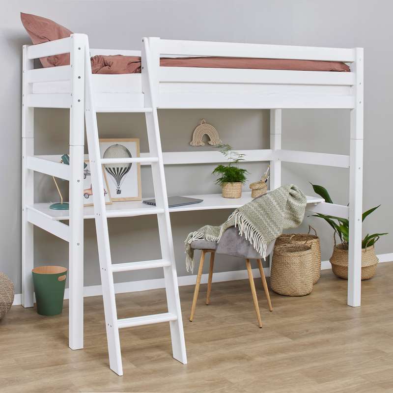 Hoppekids ECO Luxury - Højseng m. Bordplade - 90x200 cm. - Skrå Stige - Fleksibel Indlægsbund - Hvid