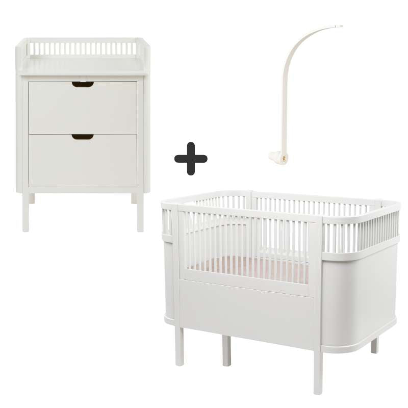 Sebra Sengen og Puslebordet m. Uroholder - Classic White - Bundle 1