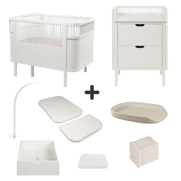 Sebra Sengen og Puslebordet m. Tilbehør - Classic White - Deluxe Bundle 2