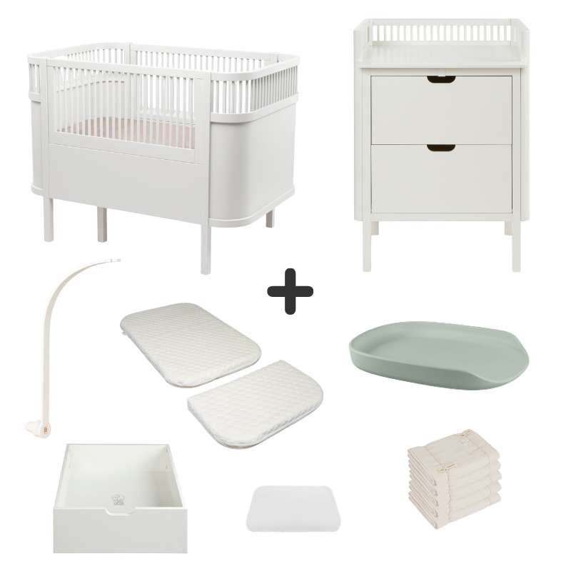 Sebra Sengen og Puslebordet m. Tilbehør - Classic White - Deluxe Bundle 5