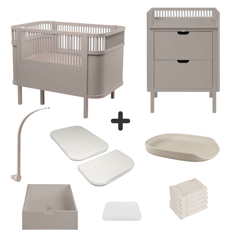 Sebra Sengen og Puslebordet m. Tilbehør - Jetty Beige - Deluxe Bundle 2