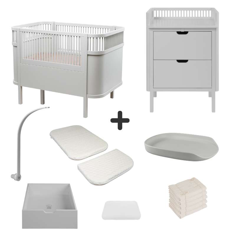 Sebra Sengen og Puslebordet m. Tilbehør - Stone Grey - Deluxe Bundle 1