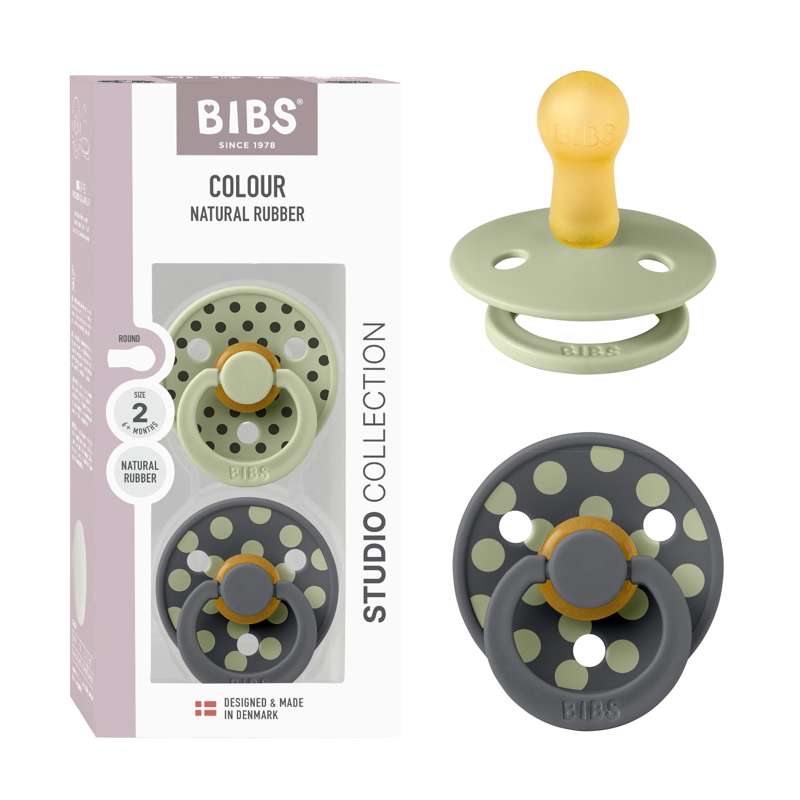 BIBS Rund Colour Sut - 2-Pak - Str. 2 - Naturgummi - Polka Studio - Sage/Iron